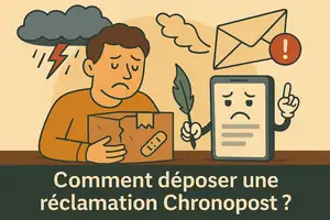 Illustration créative d’une personne tenant un colis abîmé avec un nuage orageux et un smartphone anthropomorphisé aidant à déposer une réclamation Chronopost