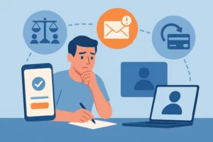 Consommateur recherchant des solutions externes en cas de litige livraison, avec icônes de médiation, SignalConso et rétrofacturation bancaire (chargeback)