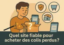 Illustration d’une personne consultant un site fiable pour acheter des colis perdus, avec un carton mystère et des icônes de fiabilité et d’achat