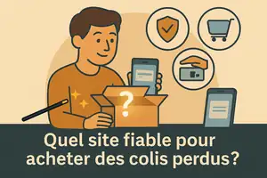 Illustration d’une personne consultant un site fiable pour acheter des colis perdus, avec un carton mystère et des icônes de fiabilité et d’achat